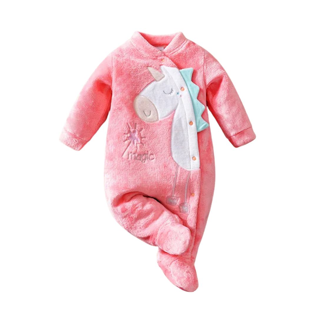 Pink Fleece Baby Dinosaur Footed Romper (0–18M)    Mimou Babywear