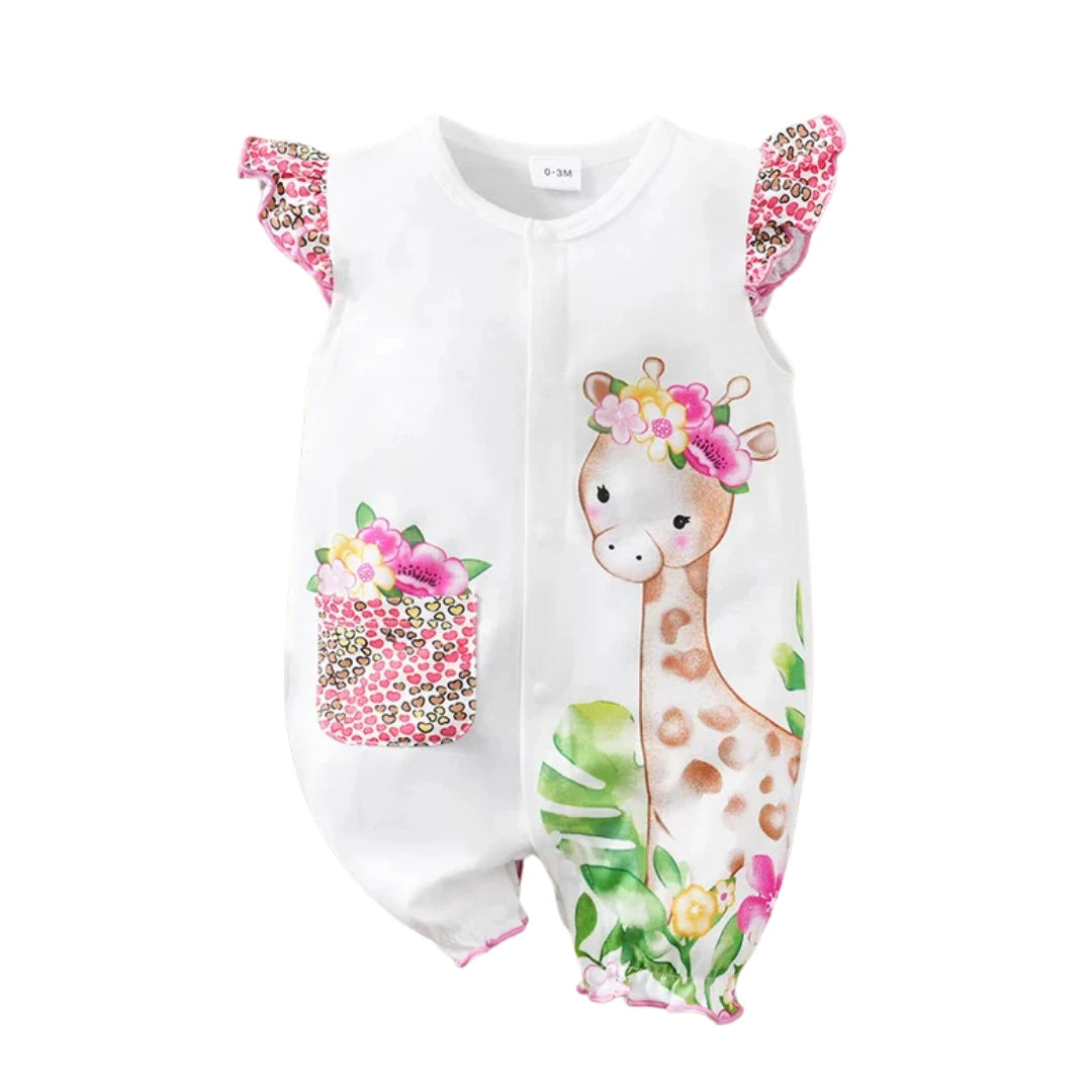 Pink Giraffe Baby Girl Sleeveless Romper (0–18M)    Mimou Babywear