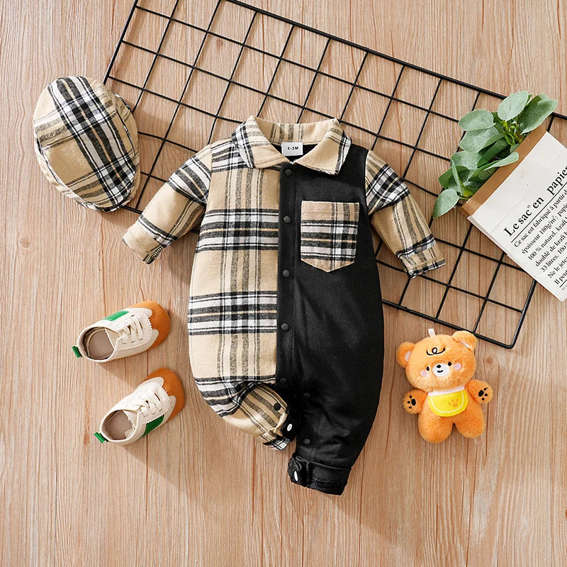 Plaid Collar Baby Boy Romper with British-Inspired Style (0–18M)    Mimou Babywear