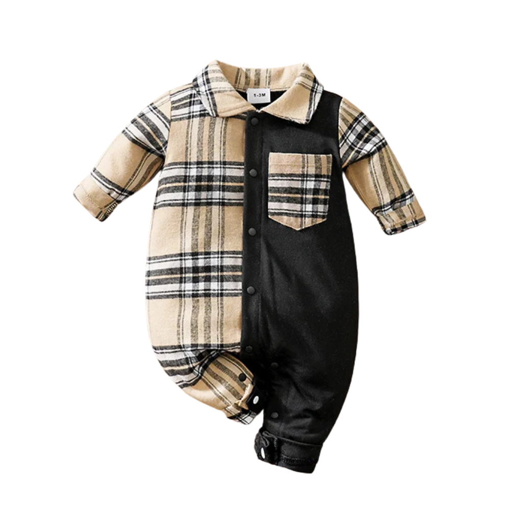 Plaid Collar Baby Boy Romper with British-Inspired Style (0–18M)    Mimou Babywear
