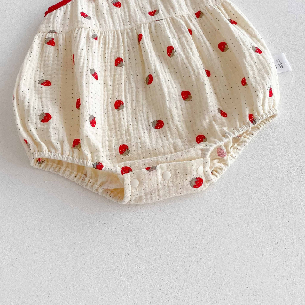 Strawberry Fields Muslin Romper – 3D Strawberry Detail Tie-Strap Bubble Bodysuit (0–18M)    Mimou Babywear