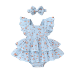 Peach Blossom Muslin Romper – Flutter Sleeve Double Ruffle Bodysuit & Bow Headband (0–18M)    Mimou Babywear