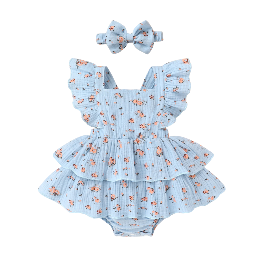 Peach Blossom Muslin Romper – Flutter Sleeve Double Ruffle Bodysuit & Bow Headband (0–18M)    Mimou Babywear