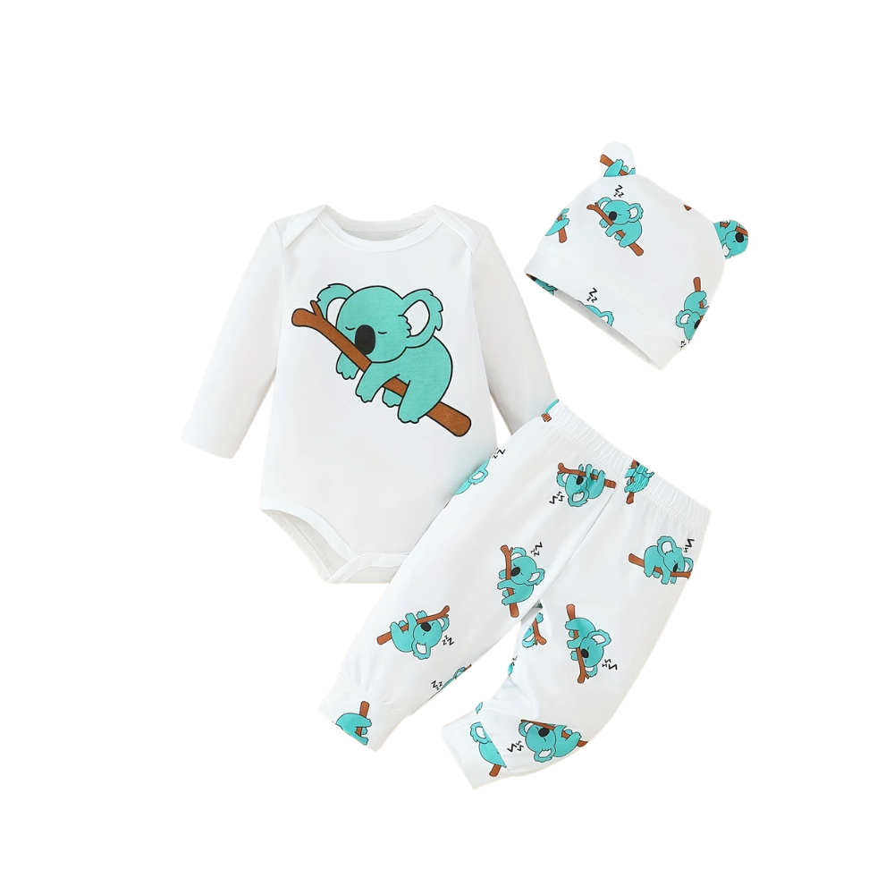 Little Koala 3-Piece Set – Long Sleeve Bodysuit, Trousers & Hat (0–18M)    Mimou Babywear