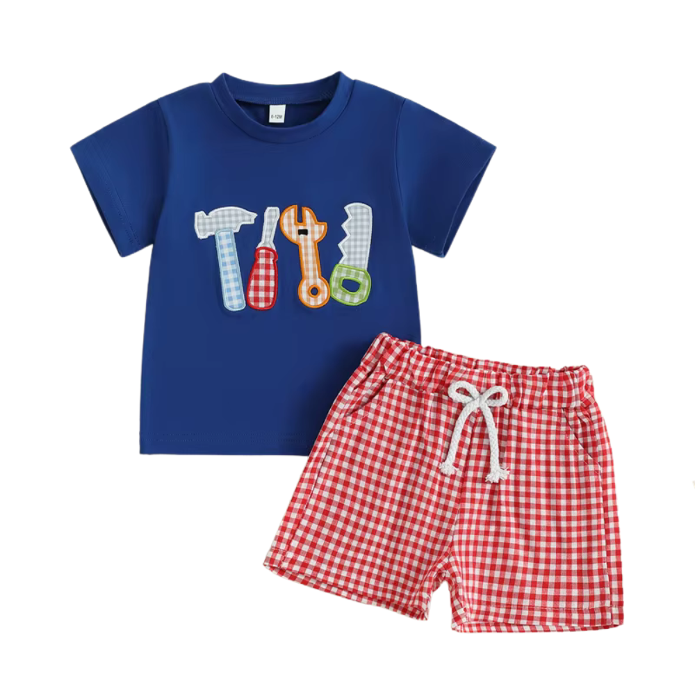 Little Handyman Summer Set – Embroidered Tee & Plaid Shorts (12–36M)    Mimou Babywear
