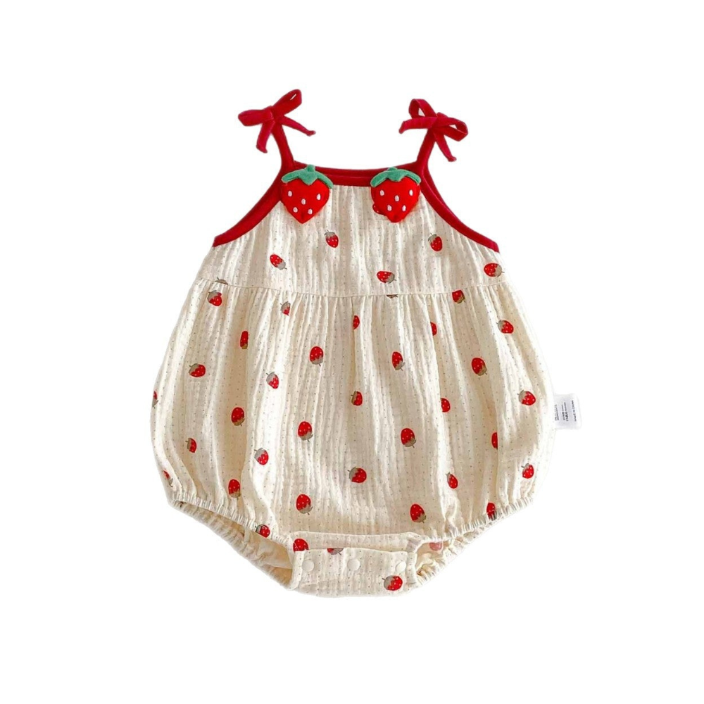 Strawberry Fields Muslin Romper – 3D Strawberry Detail Tie-Strap Bubble Bodysuit (0–18M)    Mimou Babywear