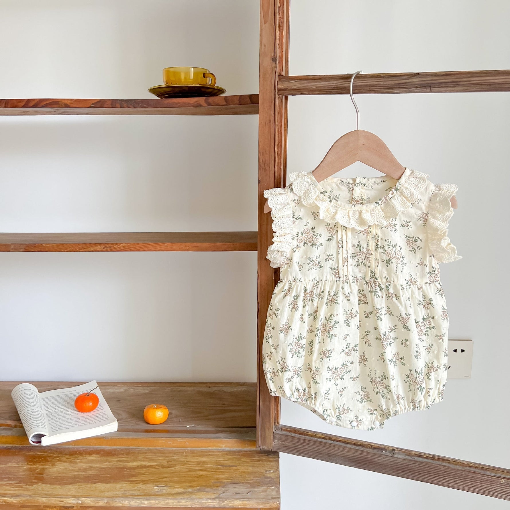 Retro Floral Cotton Baby Romper – Side Ruffles Summer Jumpsuit    Mimou Babywear