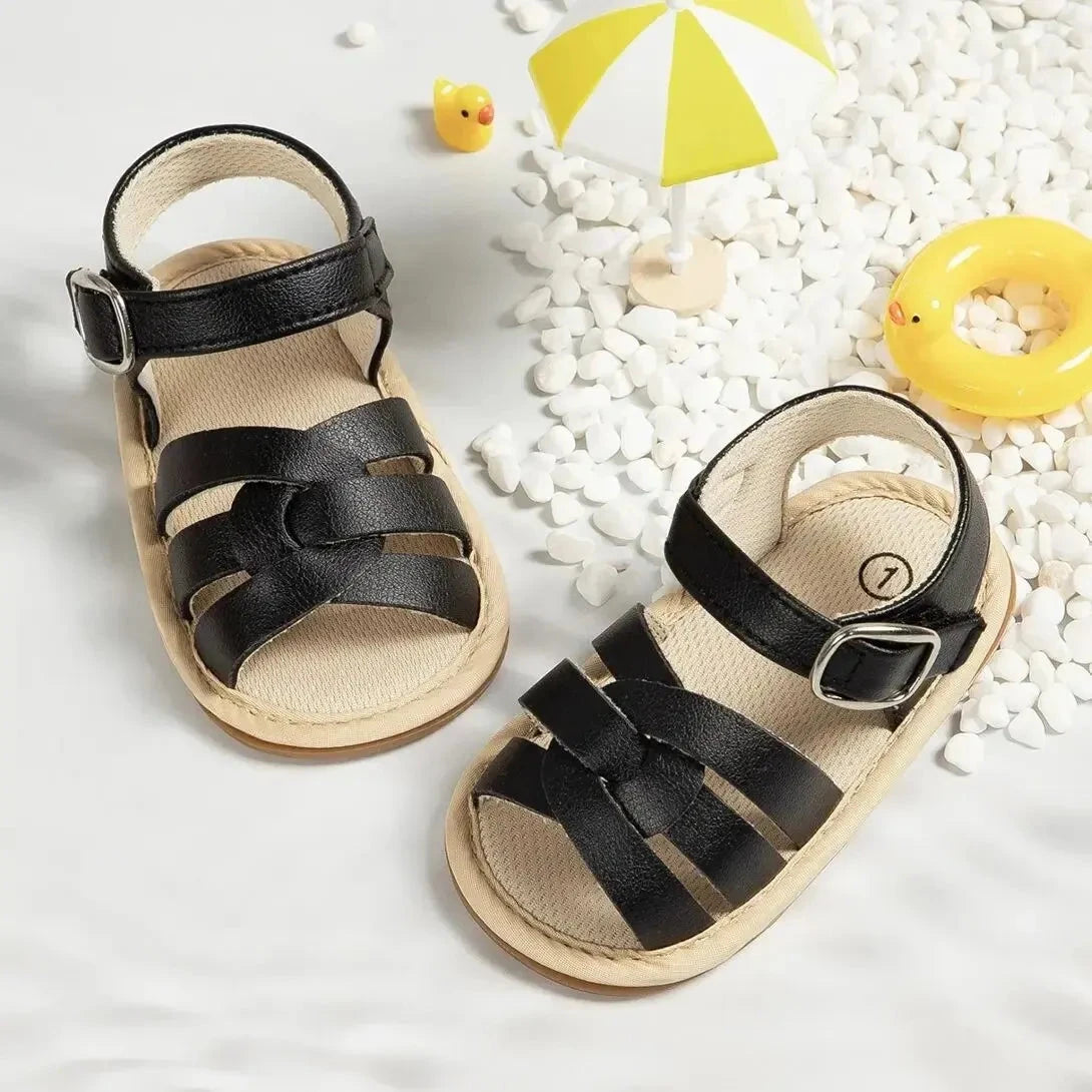 Retro Leather Summer Sandals for Babies – First Steps with Soft Soles (0-18M)    Mimou Babywear