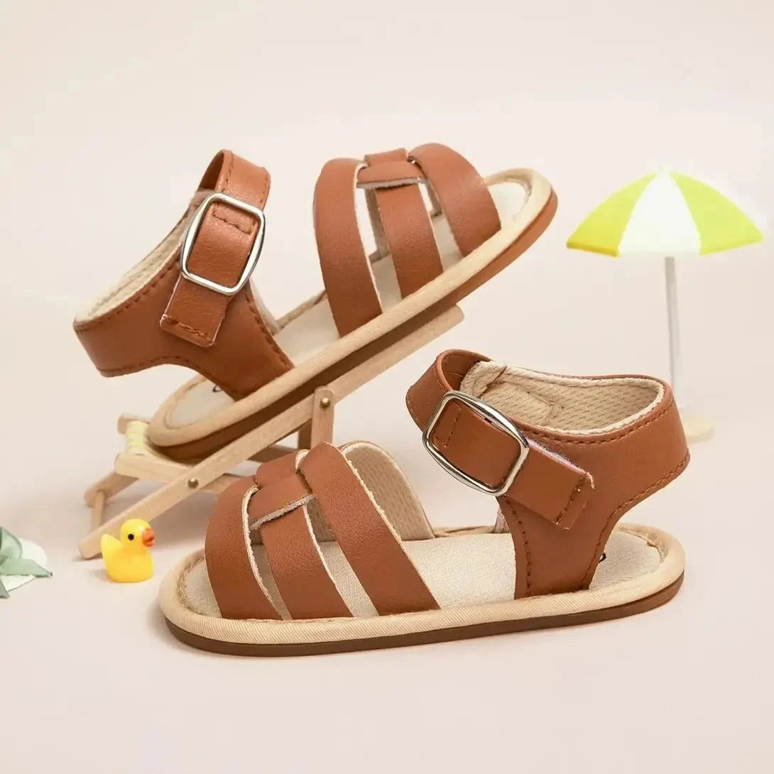 Retro Leather Summer Sandals for Babies – First Steps with Soft Soles (0-18M)    Mimou Babywear