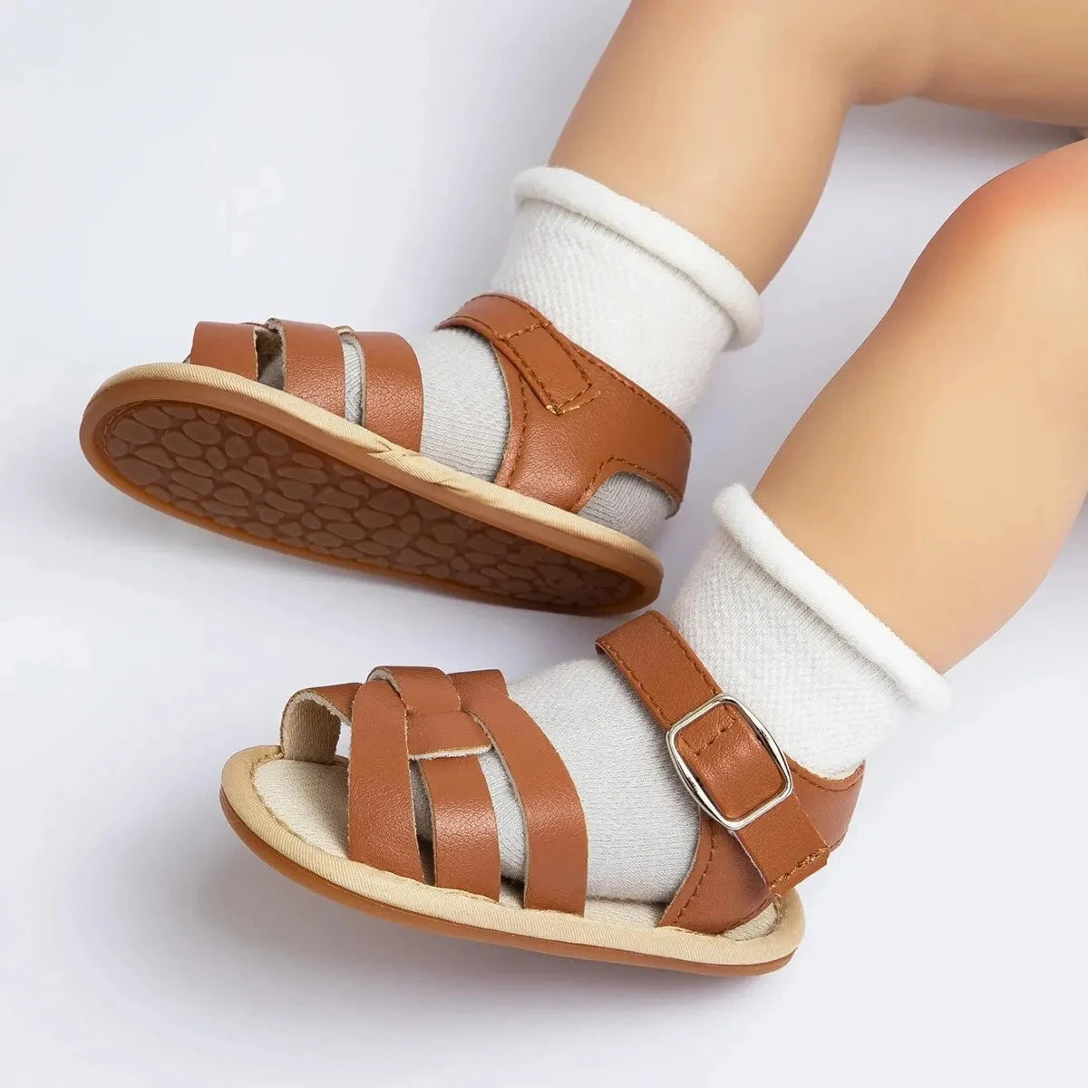 Retro Leather Summer Sandals for Babies – First Steps with Soft Soles (0-18M)    Mimou Babywear