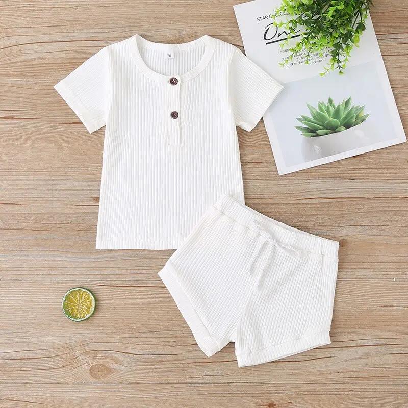 Ribbed Knitted Baby Outfit – Button T-Shirt & Shorts Set for Boys and Girls    Mimou Babywear