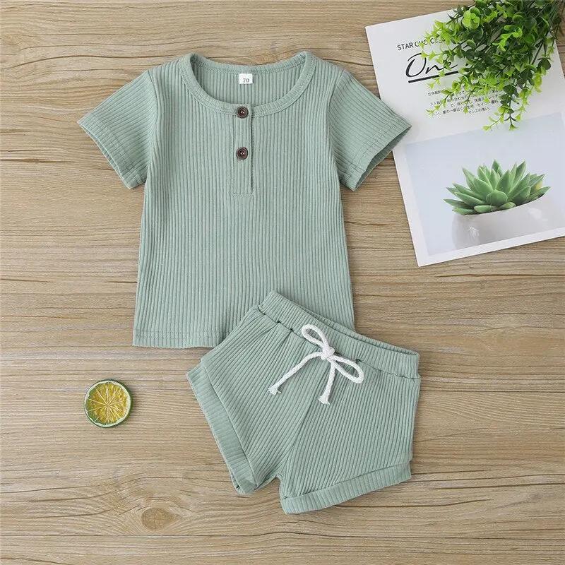 Ribbed Knitted Baby Outfit – Button T-Shirt & Shorts Set for Boys and Girls    Mimou Babywear