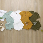 Ribbed Knitted Baby Outfit – Button T-Shirt & Shorts Set for Boys and Girls    Mimou Babywear