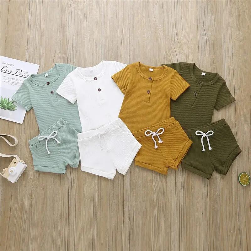 Ribbed Knitted Baby Outfit – Button T-Shirt & Shorts Set for Boys and Girls    Mimou Babywear
