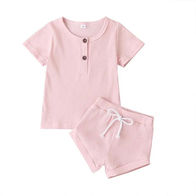 Ribbed Knitted Baby Outfit – Button T-Shirt & Shorts Set for Boys and Girls   Pink / 18M Mimou Babywear