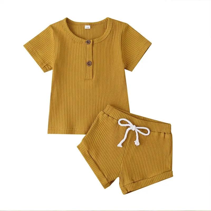 Ribbed Knitted Baby Outfit – Button T-Shirt & Shorts Set for Boys and Girls   Yellow / 18M Mimou Babywear