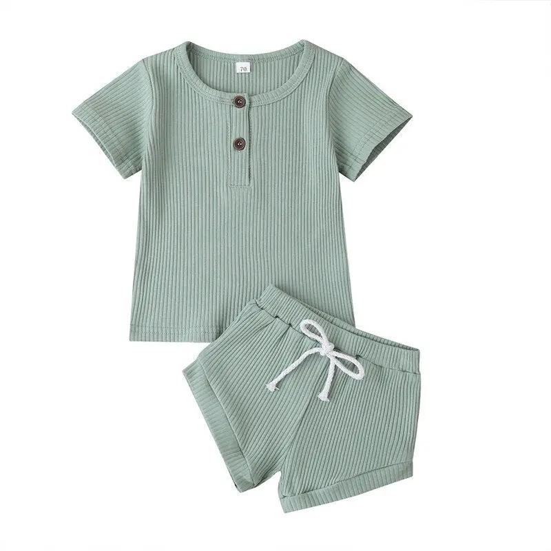 Ribbed Knitted Baby Outfit – Button T-Shirt & Shorts Set for Boys and Girls   Light Blue / 18M Mimou Babywear