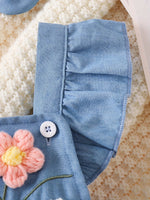Wildflower Denim Romper – 3D Floral Flutter Sleeve Bodysuit & Bow Headband (0–18M)    Mimou Babywear