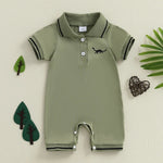 Little Dino Summer Romper – Short Sleeve Half-Button Bodysuit (3–24M)    Mimou Babywear