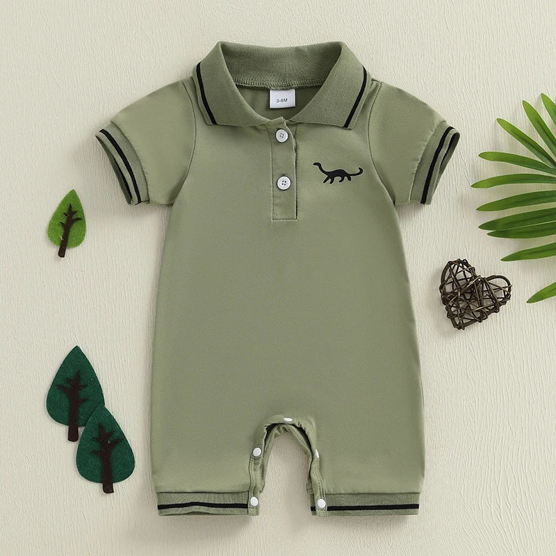 Little Dino Summer Romper – Short Sleeve Half-Button Bodysuit (3–24M)    Mimou Babywear