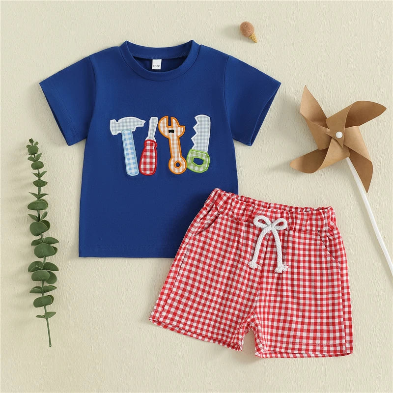 Little Handyman Summer Set – Embroidered Tee & Plaid Shorts (12–36M)    Mimou Babywear