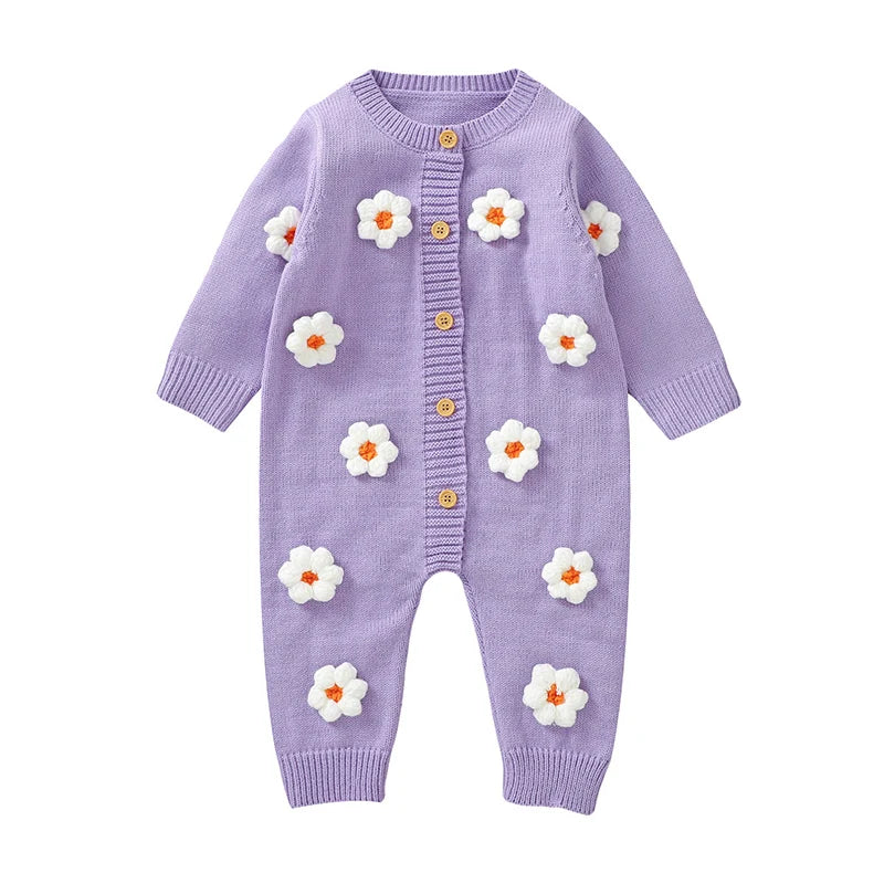 Floral Knit Baby Jumpsuit – Long Sleeve Cozy One-Piece (0-24M)