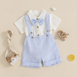 Little Gentleman Set – Cotton Romper, Striped Dungaree Shorts & Bow Tie (3–24M)    Mimou Babywear