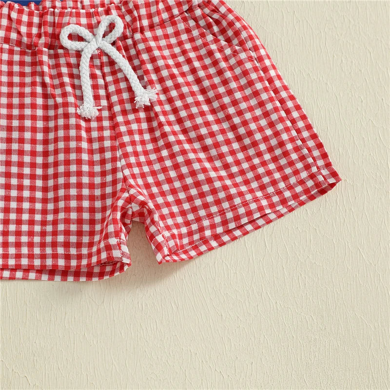 Little Handyman Summer Set – Embroidered Tee & Plaid Shorts (12–36M)    Mimou Babywear