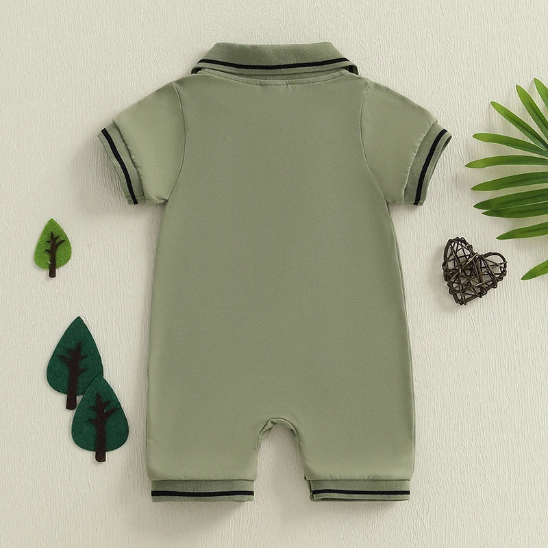 Little Dino Summer Romper – Short Sleeve Half-Button Bodysuit (3–24M)    Mimou Babywear