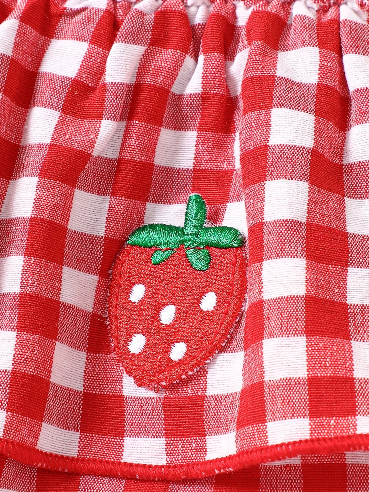 Strawberry Gingham Smocked Romper – Tie-Strap Dress with Ruffle Skirt (0–18M)    Mimou Babywear