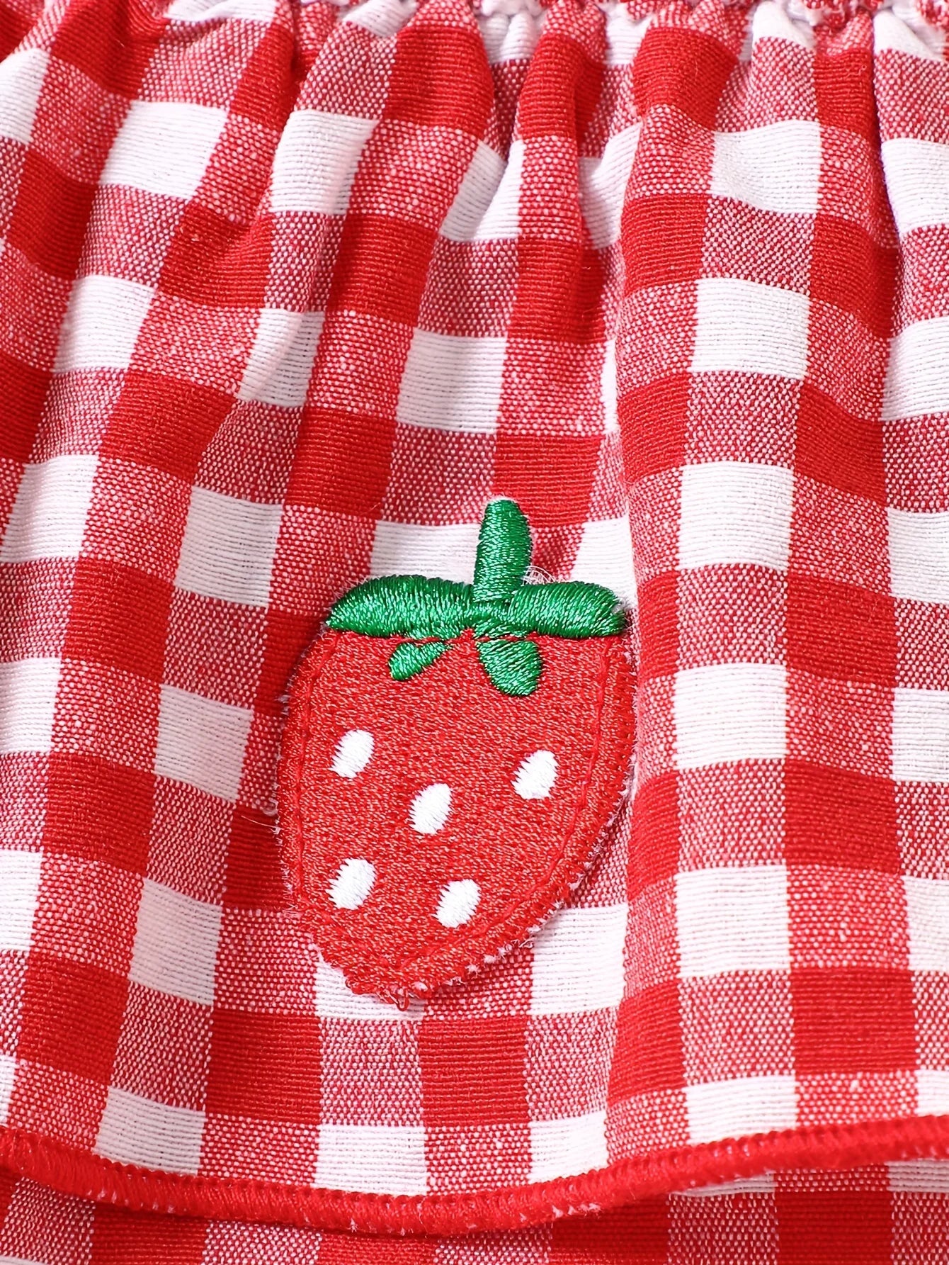 Strawberry Gingham Smocked Romper – Tie-Strap Dress with Ruffle Skirt (0–18M)    Mimou Babywear