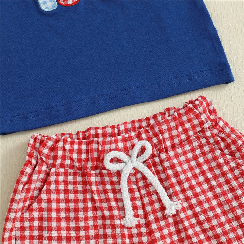 Little Handyman Summer Set – Embroidered Tee & Plaid Shorts (12–36M)    Mimou Babywear