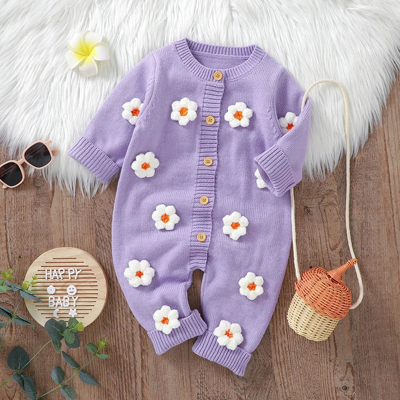 Floral Knit Baby Jumpsuit – Long Sleeve Cozy One-Piece (0-24M)