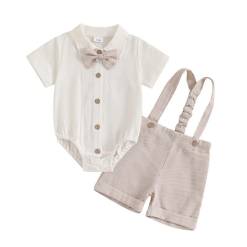 Little Gentleman Set – Cotton Romper, Striped Dungaree Shorts & Bow Tie (3–24M)    Mimou Babywear