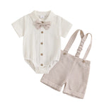Little Gentleman Set – Cotton Romper, Striped Dungaree Shorts & Bow Tie (3–24M)    Mimou Babywear