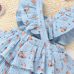 Peach Blossom Muslin Romper – Flutter Sleeve Double Ruffle Bodysuit & Bow Headband (0–18M)    Mimou Babywear