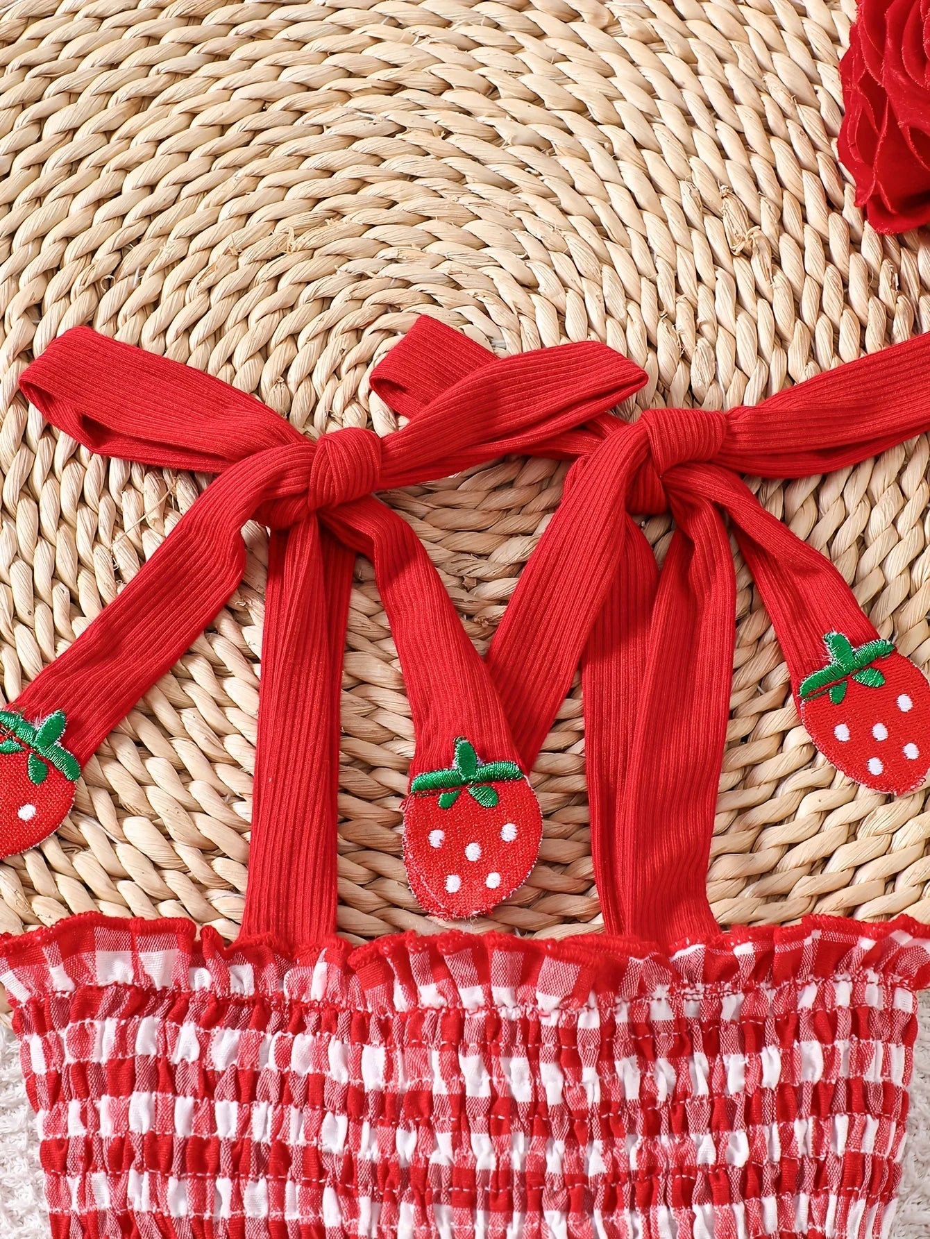Strawberry Gingham Smocked Romper – Tie-Strap Dress with Ruffle Skirt (0–18M)    Mimou Babywear