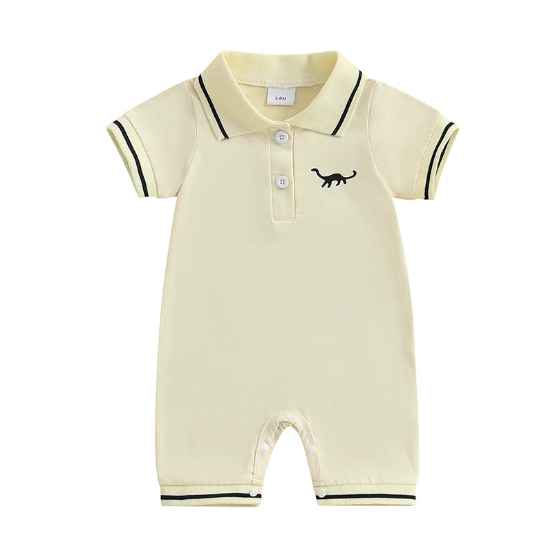 Little Dino Summer Romper – Short Sleeve Half-Button Bodysuit (3–24M)    Mimou Babywear