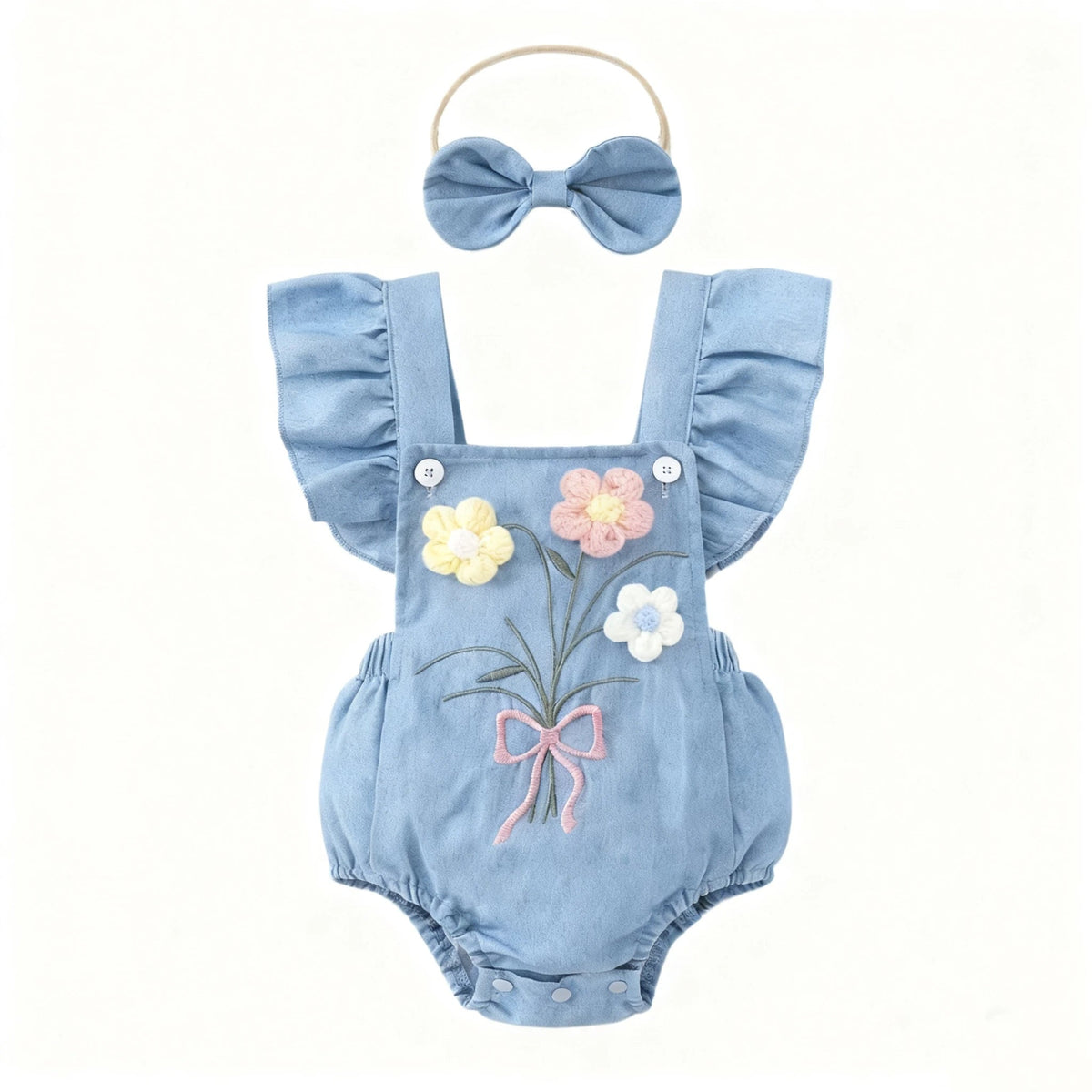 Wildflower Denim Romper – 3D Floral Flutter Sleeve Bodysuit & Bow Headband (0–18M)    Mimou Babywear