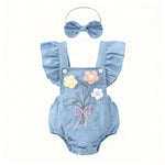 Wildflower Denim Romper – 3D Floral Flutter Sleeve Bodysuit & Bow Headband (0–18M)    Mimou Babywear