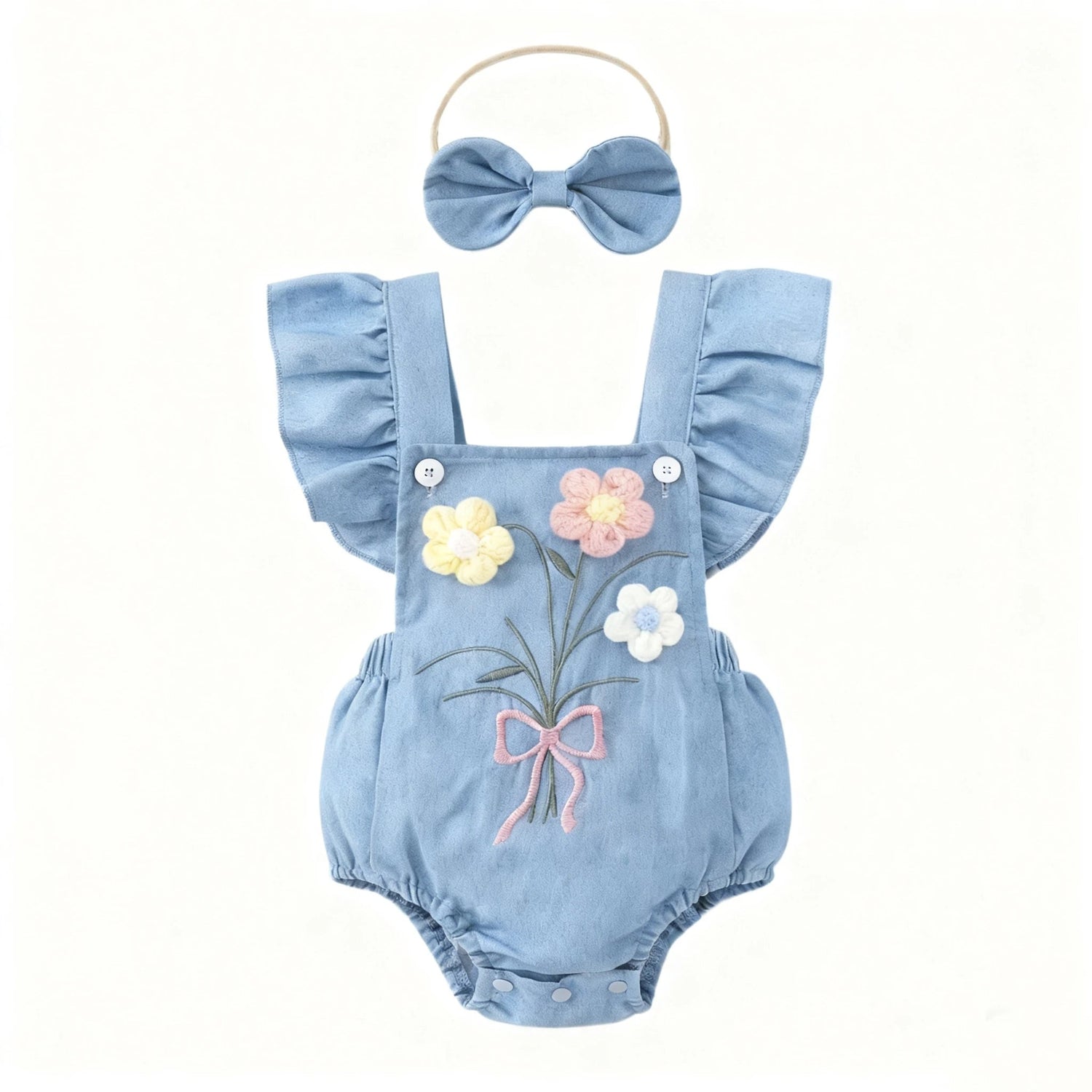 Wildflower Denim Romper – 3D Floral Flutter Sleeve Bodysuit & Bow Headband (0–18M)    Mimou Babywear