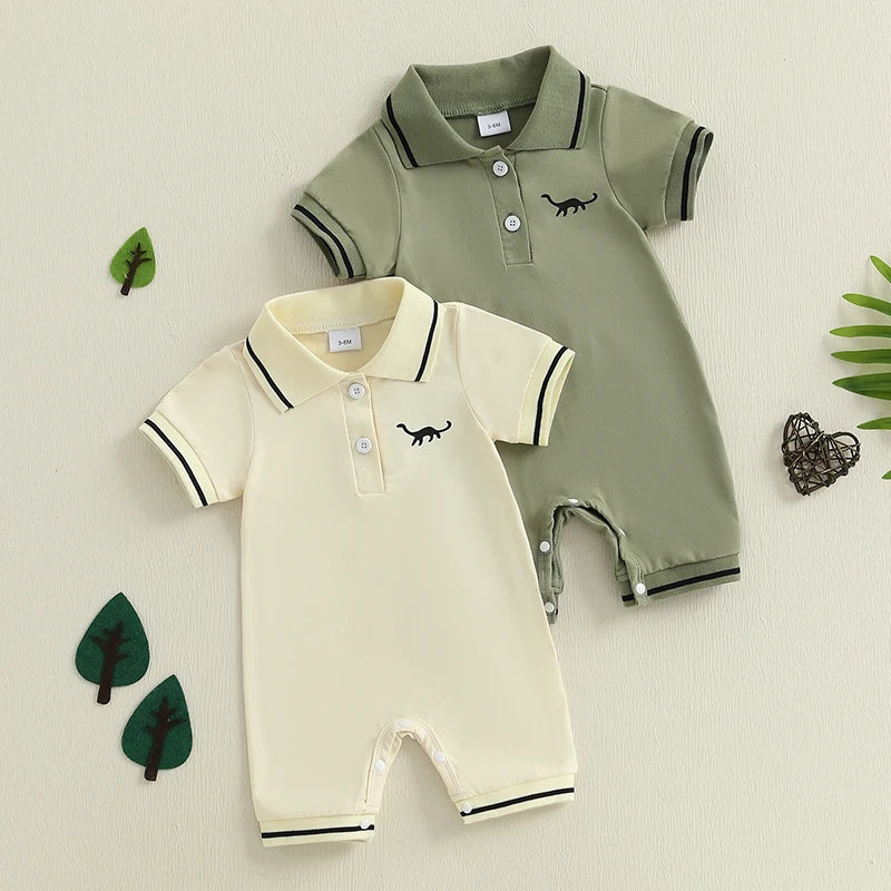 Little Dino Summer Romper – Short Sleeve Half-Button Bodysuit (3–24M)    Mimou Babywear
