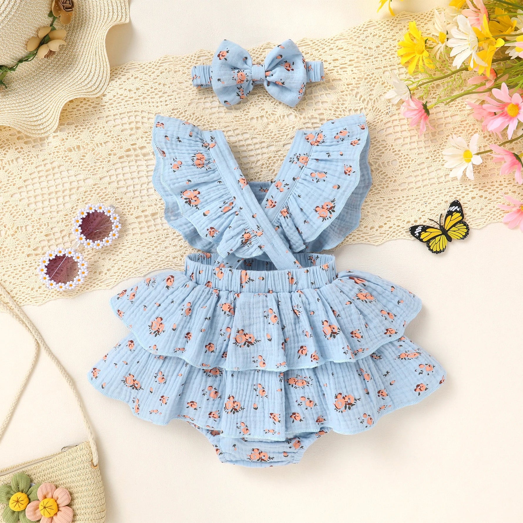 Peach Blossom Muslin Romper – Flutter Sleeve Double Ruffle Bodysuit & Bow Headband (0–18M)    Mimou Babywear