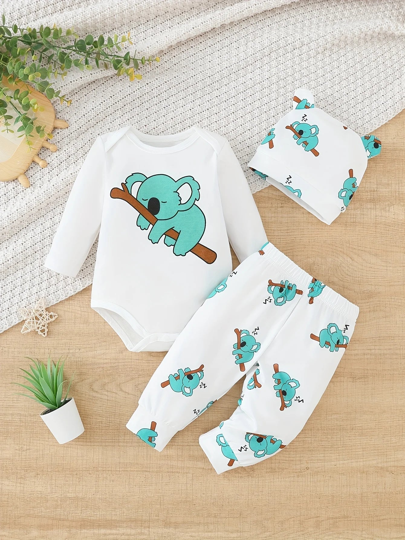 Little Koala 3-Piece Set – Long Sleeve Bodysuit, Trousers & Hat (0–18M)    Mimou Babywear