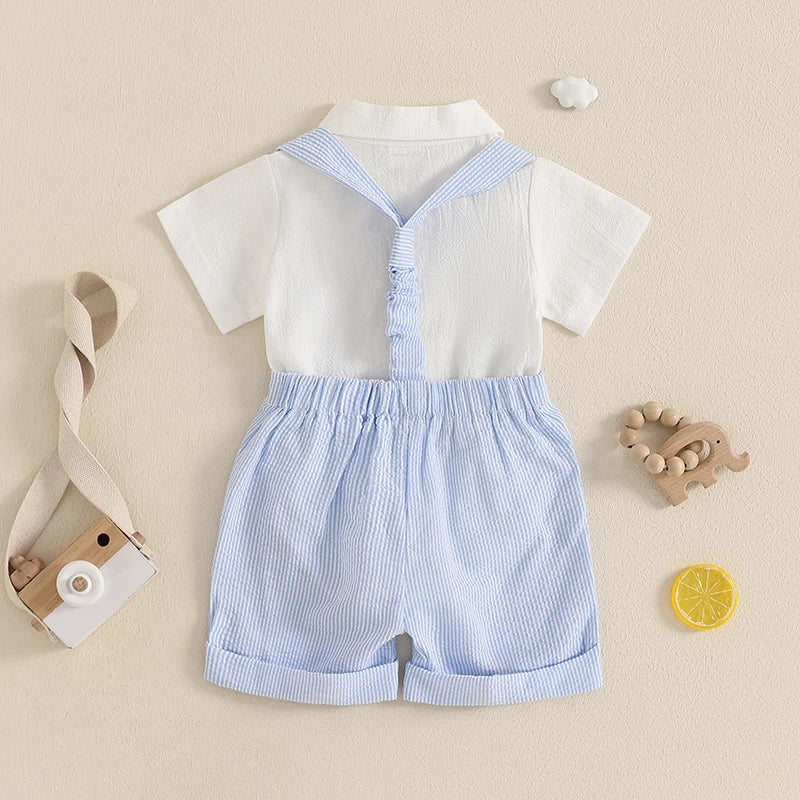 Little Gentleman Set – Cotton Romper, Striped Dungaree Shorts & Bow Tie (3–24M)    Mimou Babywear
