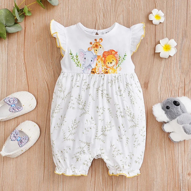 Safari Friends Baby Romper – Soft Cotton Sleeveless Outfit (0–18M)    Mimou Babywear