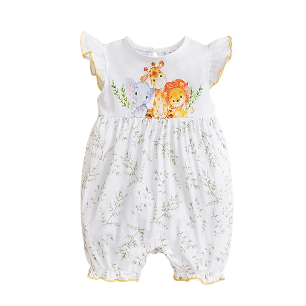 Safari Friends Baby Romper – Soft Cotton Sleeveless Outfit (0–18M)    Mimou Babywear