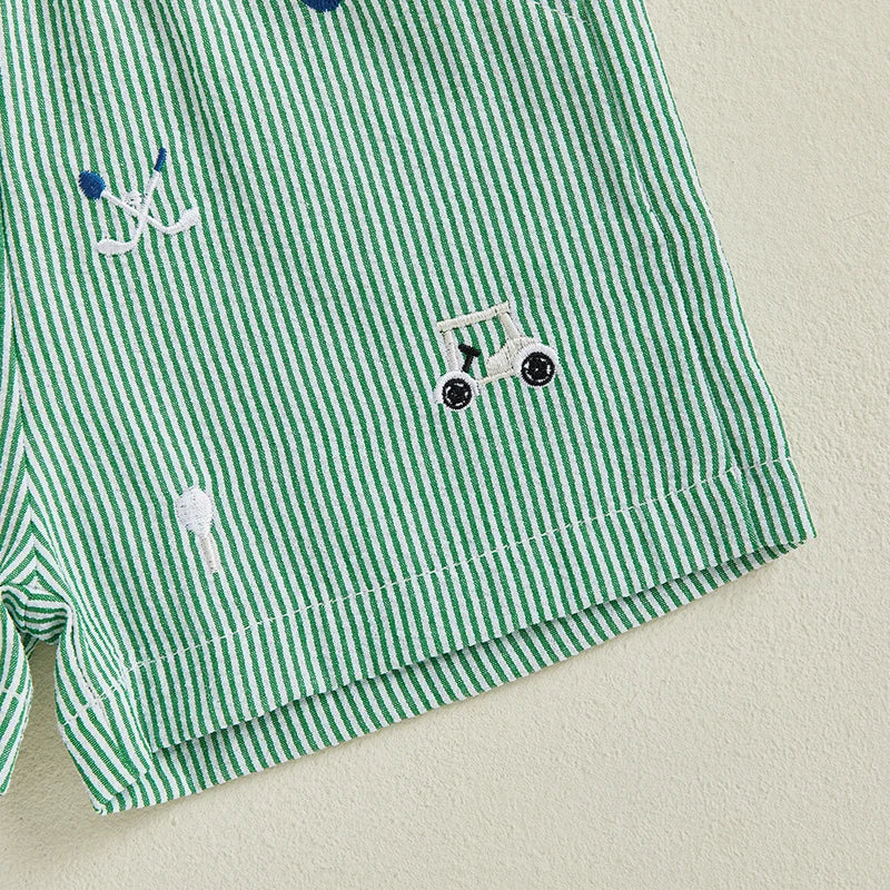 Little Golfer Summer Set – Embroidered Tee & Striped Shorts (12–36M)    Mimou Babywear