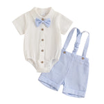 Little Gentleman Set – Cotton Romper, Striped Dungaree Shorts & Bow Tie (3–24M)    Mimou Babywear