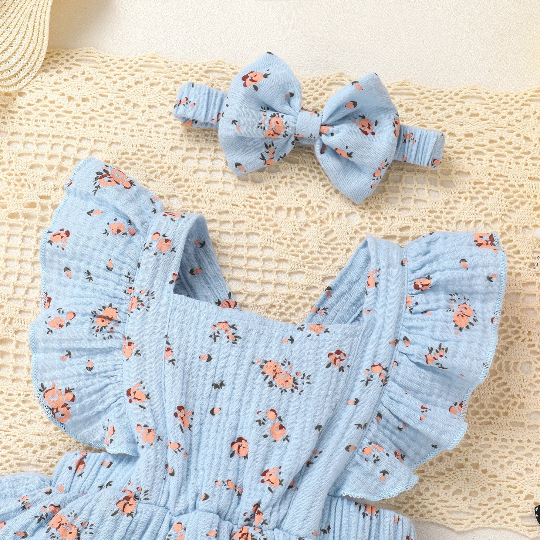 Peach Blossom Muslin Romper – Flutter Sleeve Double Ruffle Bodysuit & Bow Headband (0–18M)    Mimou Babywear